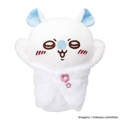 Chiikawa Talking Momonga interactive plush toy — white fluffy Momonga with blue ears, plays 55+ original voice clips in Chatty, Cute, and Demand modes, official Bandai