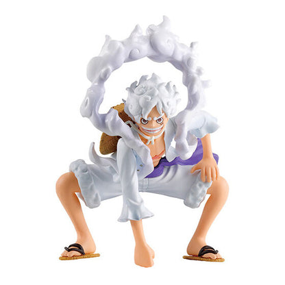 Full lineup of 4 Bandai HG ONE PIECE 01 Gashapon figures including Luffy, Zoro, Sanji, and Gear Five Luffy.