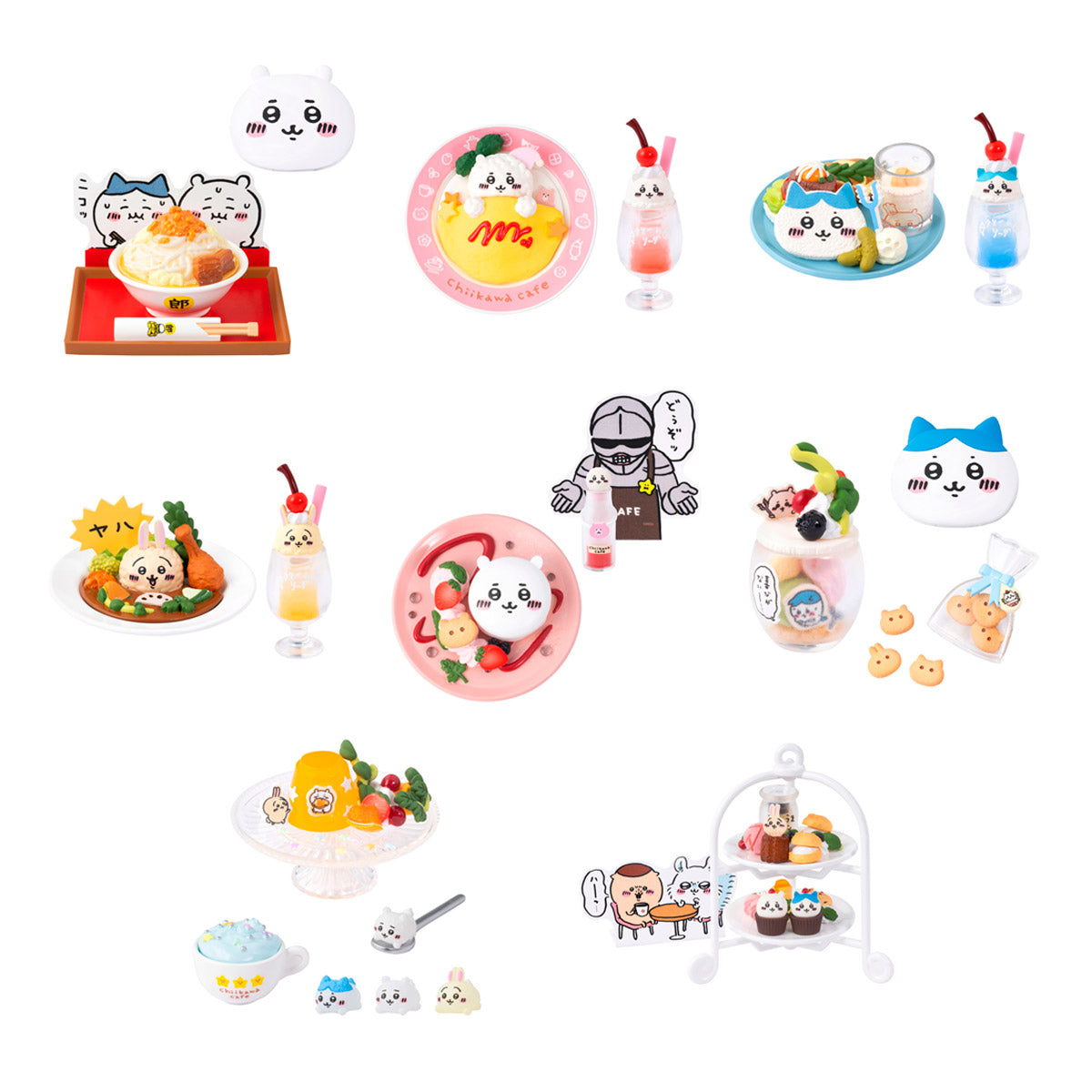 A collection of Chiikawa Cafe miniatures including Hachiware cream soda, character-themed curry, and a tiered afternoon tea stand on a pink background.