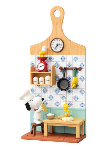 Toy kitchen set with Snoopy and Woodstock in a kitchen scene on a white background