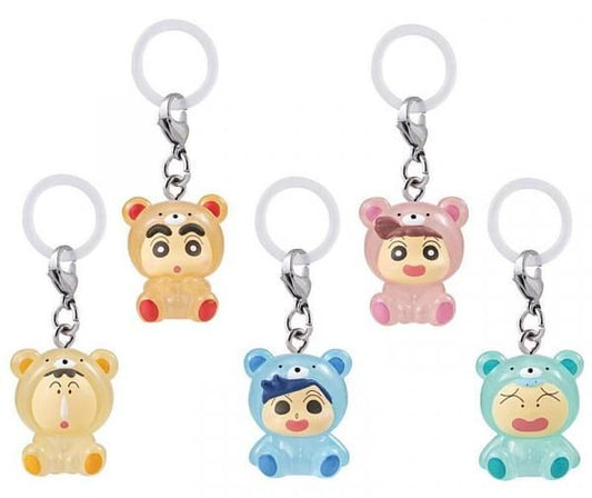 Full Collection: Full lineup of 5 Bandai Crayon Shin-chan Bear Pajamas Mejirushi Accessories including Shin-chan, Kazama-kun, Nene-chan, Masao-kun, and Bo-chan charms.