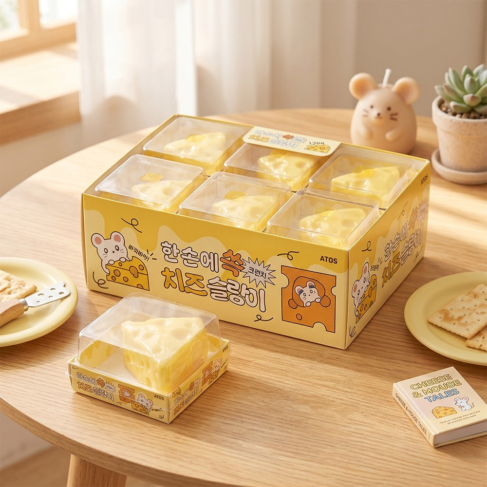Crunchy Cheese Slime fits in one hand -- satisfying crunchy textured cheese shaped slime stress relief toy kawaii