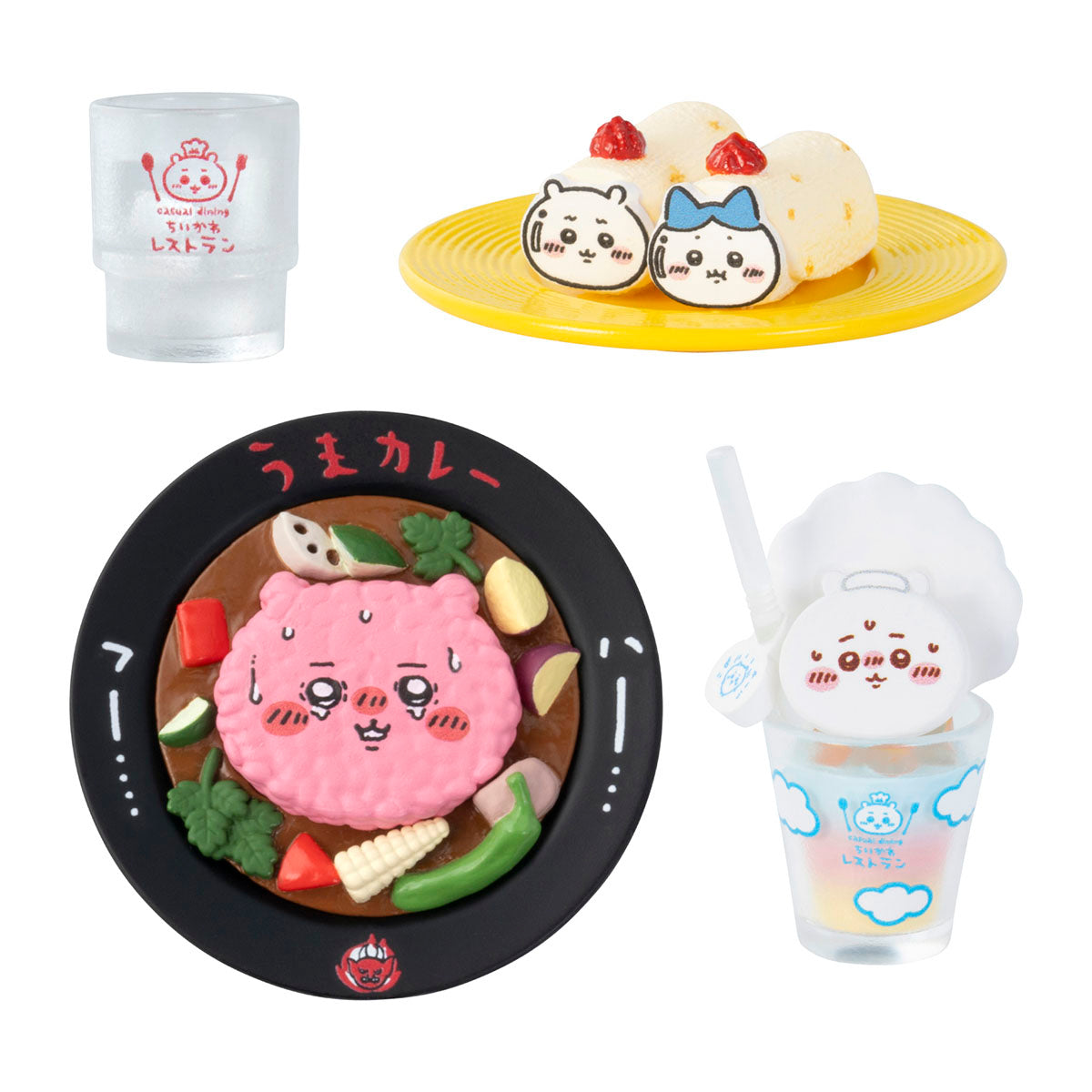 Set of cute food-themed products including a glass, a plate with cartoon characters, a bowl of ramen, and a dessert.