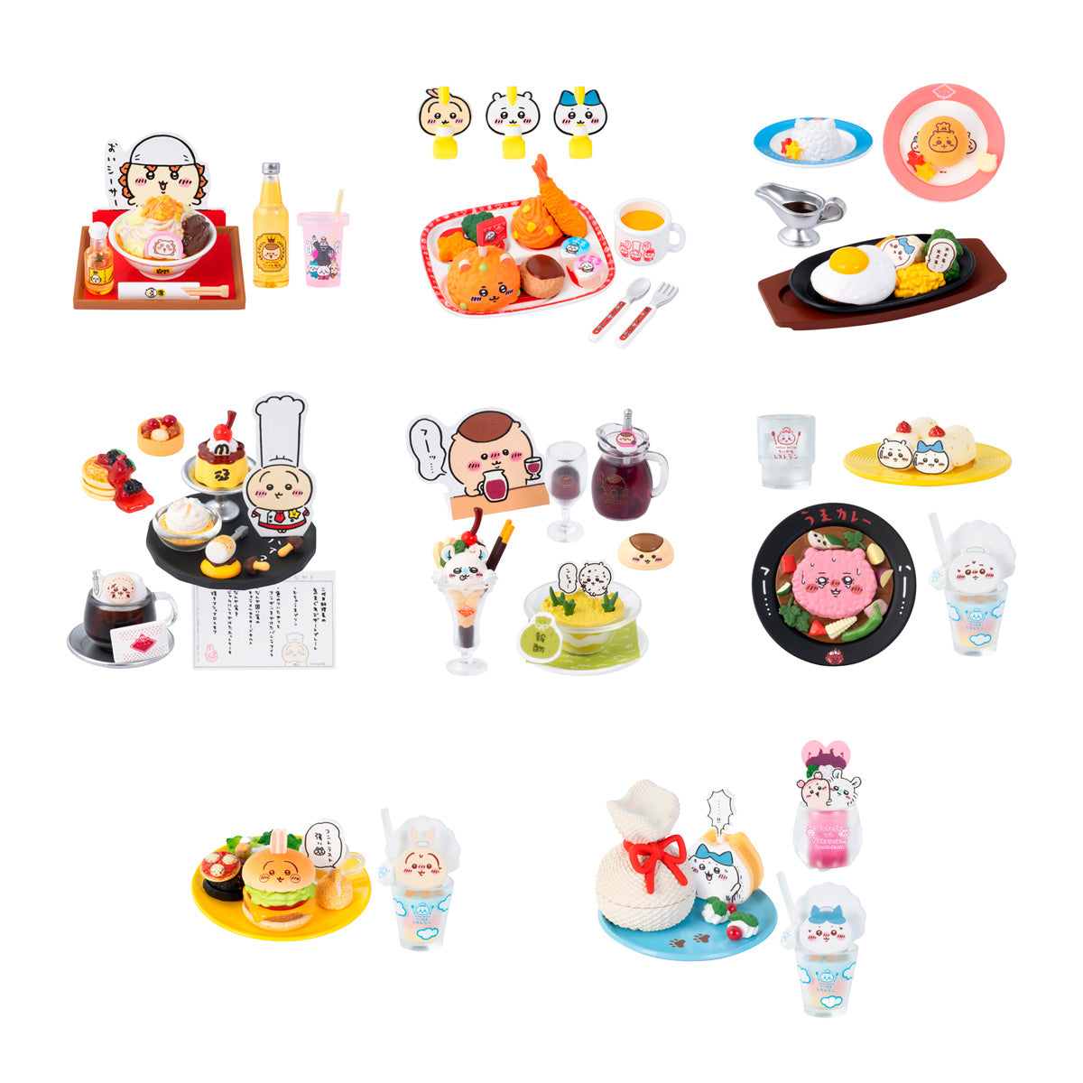 Collection of miniature food and character figures on a white background