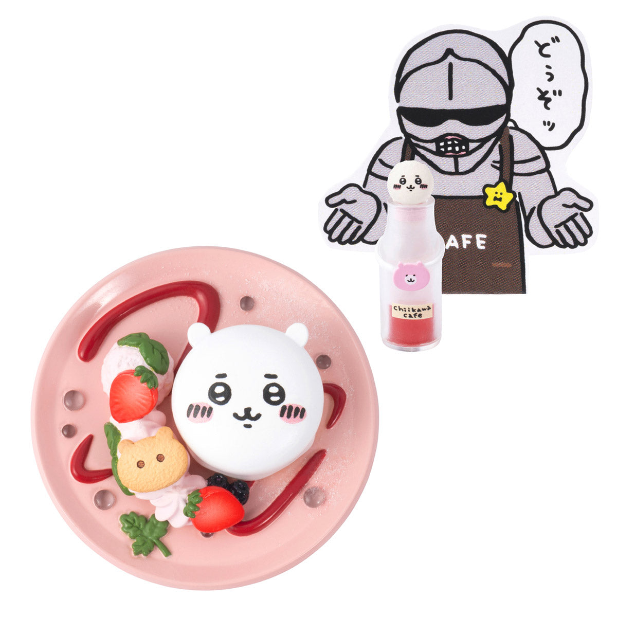 Cute character with food items on a pink background and a cartoon character in a cafe outfit.