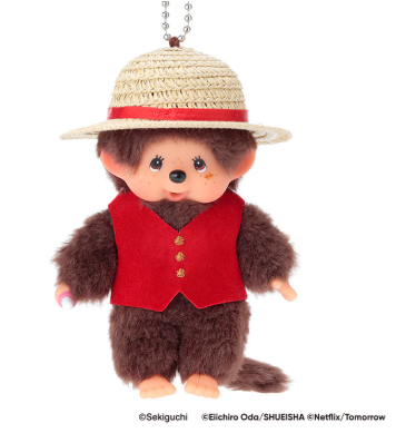 Monchhichi x One Piece Netflix Luffy Mascot Keychain -- Monchhichi in straw hat and red vest with Luffy scar, official Sekiguchi collab collectible gift