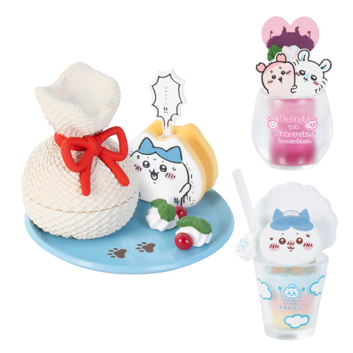 Set of cute cartoon-themed products including a towel, ice cream cone, and drink on a white background.