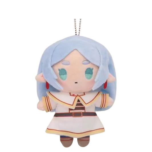 Official EAKI Frieren Beyond Journey's End plush keychains showing Frieren, Fern, and Shutark in high-quality embroidered fabric with metal keychains