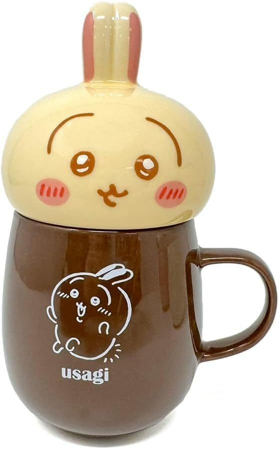 Chiikawa Chill Time ceramic mug with Usagi character lid — brown mug with cute bunny figure topper, official Chiikawa kawaii kitchenware collectible