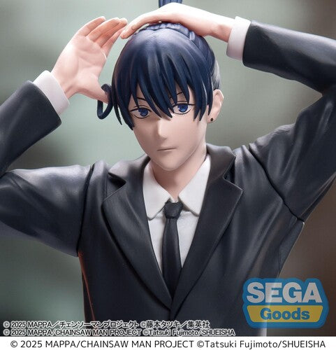 Sega High Premium Figure Aki Hayakawa from Chainsaw Man Reze Arc — approx. 20cm standing figure in black suit with hands raised above head, casual pose