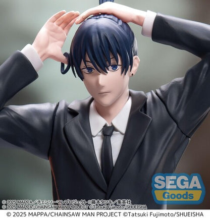 Sega High Premium Figure Aki Hayakawa from Chainsaw Man Reze Arc — approx. 20cm standing figure in black suit with hands raised above head, casual pose