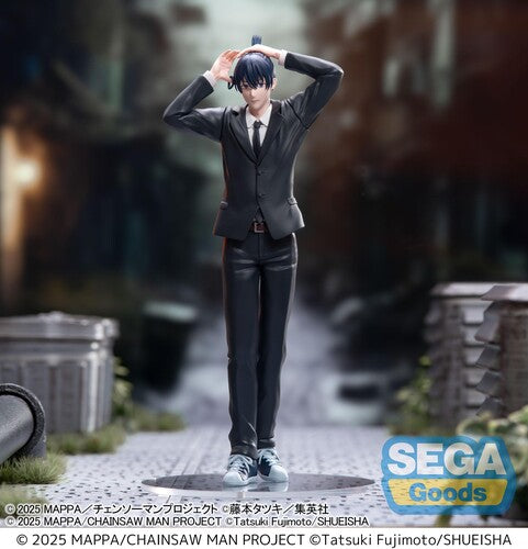 Sega High Premium Figure Aki Hayakawa from Chainsaw Man Reze Arc — approx. 20cm standing figure in black suit with hands raised above head, casual pose