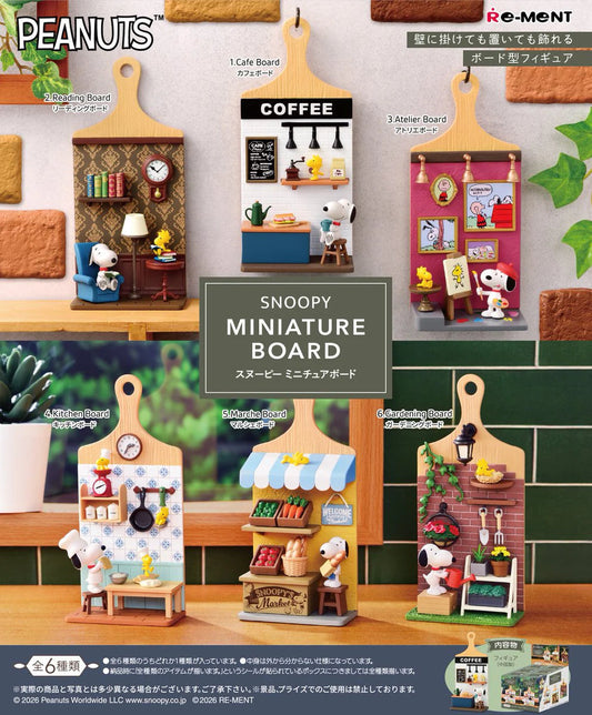 Full lineup of 6 Re-Ment Snoopy Miniature Boards including Cafe, Reading, Atelier, Kitchen, Marche, and Gardening themes