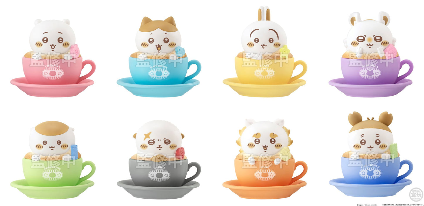 Chiikawa Chara Latte Art Case figures set — 8 designs including Chiikawa, Hachiware, Usagi, Momonga and more sitting in colorful teacups, official Bandai candy toy