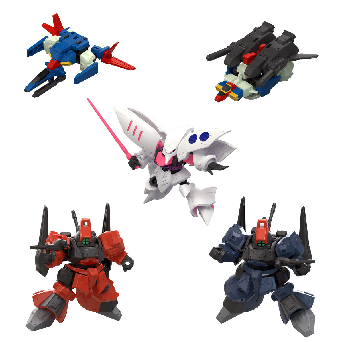 Bandai Mobility Joint Gundam Vol.10 collectible set featuring Zeta Gundam, ZZ Gundam, Qubeley, and red & blue Rick Dias mecha figures — highly detailed, posable mini Gundam toys perfect for display or collection.