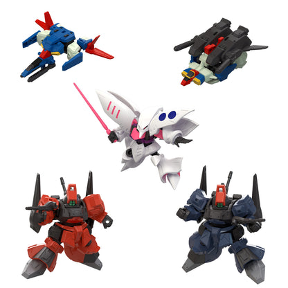 Bandai Mobility Joint Gundam Vol.10 collectible set featuring Zeta Gundam, ZZ Gundam, Qubeley, and red & blue Rick Dias mecha figures — highly detailed, posable mini Gundam toys perfect for display or collection.