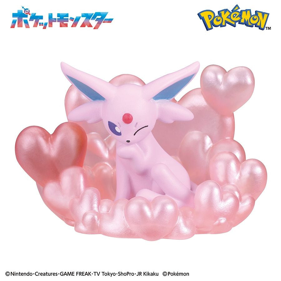 Pokemon Bikkura Tamago Surprise Bath Popping Sweet Moments — pink Monsterball bath bomb packaging featuring Espeon, includes random mascot figure and display stand