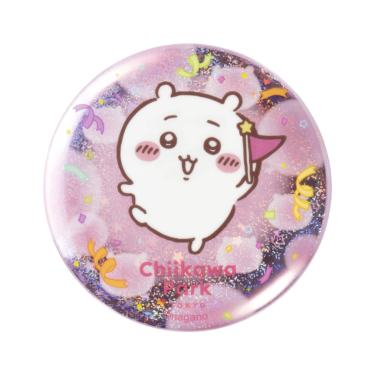 Chiikawa Park hologram can badge 56mm steel holographic finish
