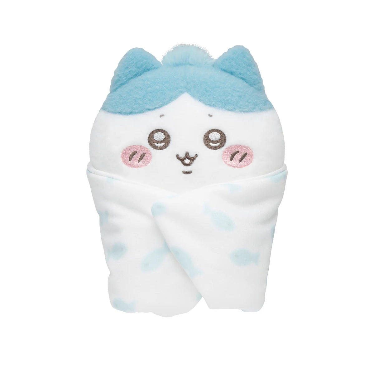 Plush toy with blue hair and a smiling face on a white background