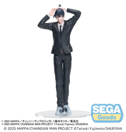Sega High Premium Figure Aki Hayakawa from Chainsaw Man Reze Arc — approx. 20cm standing figure in black suit with hands raised above head, casual pose