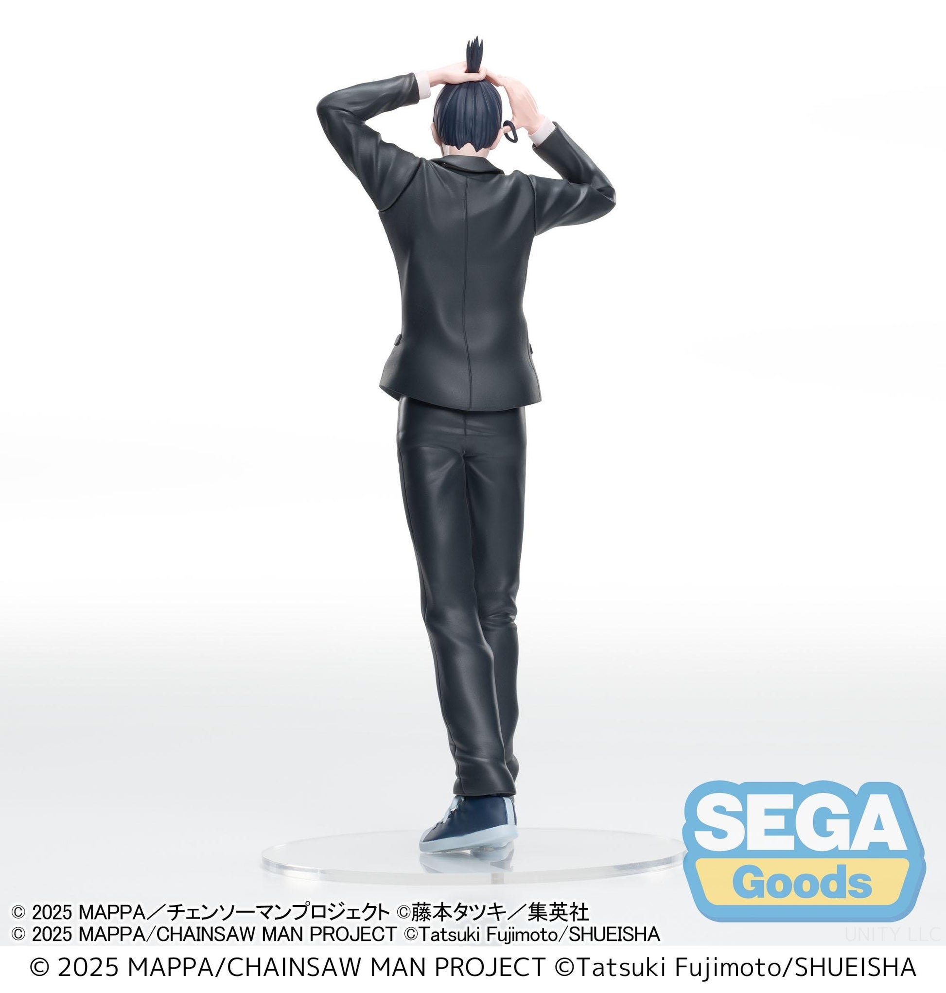 Sega High Premium Figure Aki Hayakawa from Chainsaw Man Reze Arc — approx. 20cm standing figure in black suit with hands raised above head, casual pose