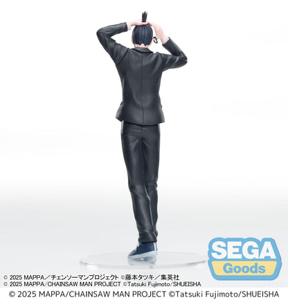 Sega High Premium Figure Aki Hayakawa from Chainsaw Man Reze Arc — approx. 20cm standing figure in black suit with hands raised above head, casual pose