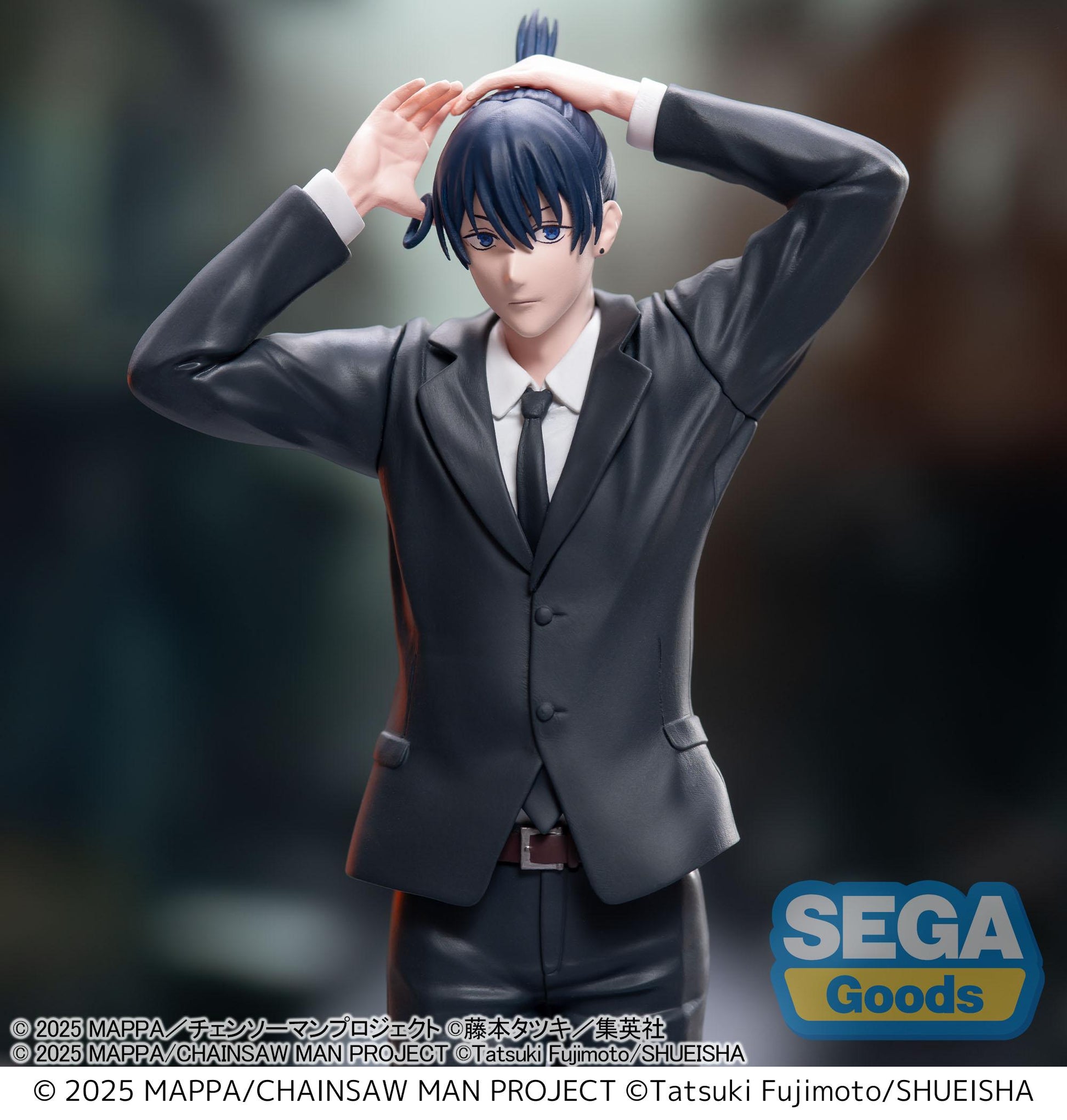 Sega High Premium Figure Aki Hayakawa from Chainsaw Man Reze Arc — approx. 20cm standing figure in black suit with hands raised above head, casual pose