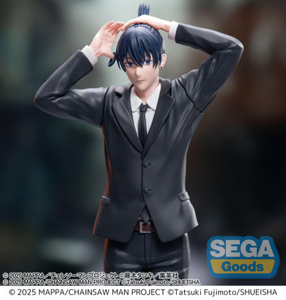 Sega High Premium Figure Aki Hayakawa from Chainsaw Man Reze Arc — approx. 20cm standing figure in black suit with hands raised above head, casual pose