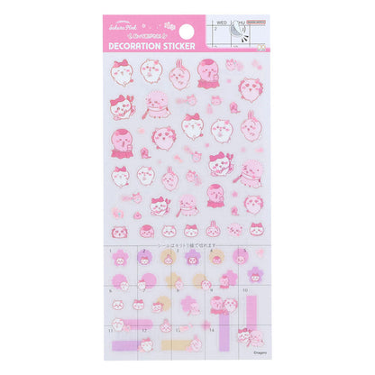 Chiikawa Sakura Pink Decoration Sticker Sheet — full sheet of pink-toned Chiikawa character stickers including calendar and planner stickers, official Bandai Namco stationery