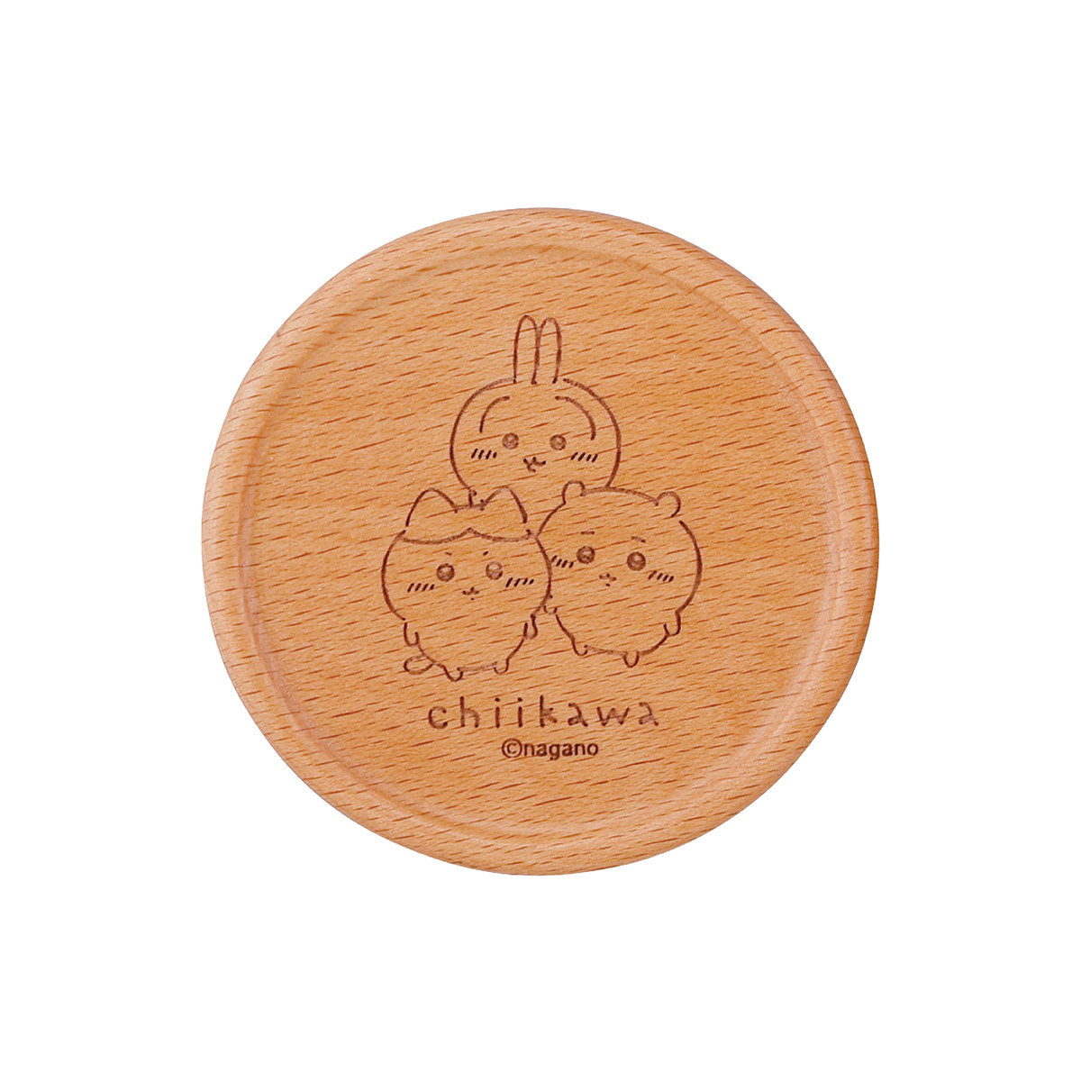 Chiikawa Happy Blossom Wooden Coaster Yellow — 90mm natural wood coaster with Chiikawa characters, official Yamaka Shoten Japan