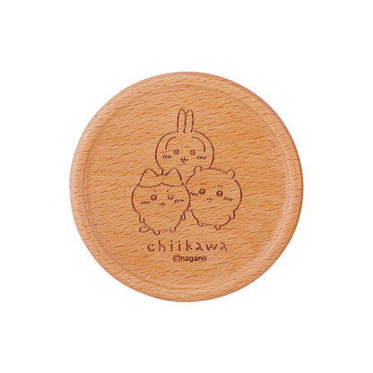 Chiikawa Happy Blossom Wooden Coaster Yellow — 90mm natural wood coaster with Chiikawa characters, official Yamaka Shoten Japan