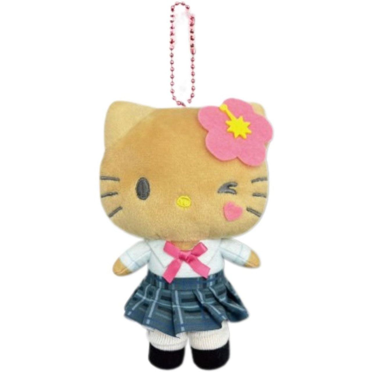 Hello Kitty Brown Mascot Plush Keychain Gal Style — tan Hello Kitty in sporty streetwear, approx. 4.5in, official Sanrio Japan