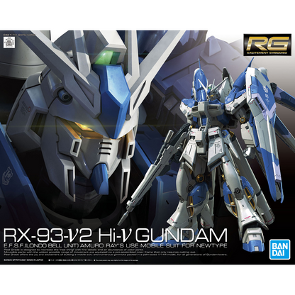 RG 1/144 RX-93-v2 Hi-Nu Gundam Gunpla model kit with fin funnels and inner frame, official Bandai Real Grade collectible
