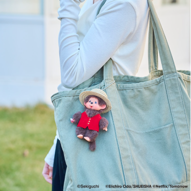 Monchhichi x One Piece Netflix Luffy Mascot Keychain -- Monchhichi in straw hat and red vest with Luffy scar, official Sekiguchi collab collectible gift