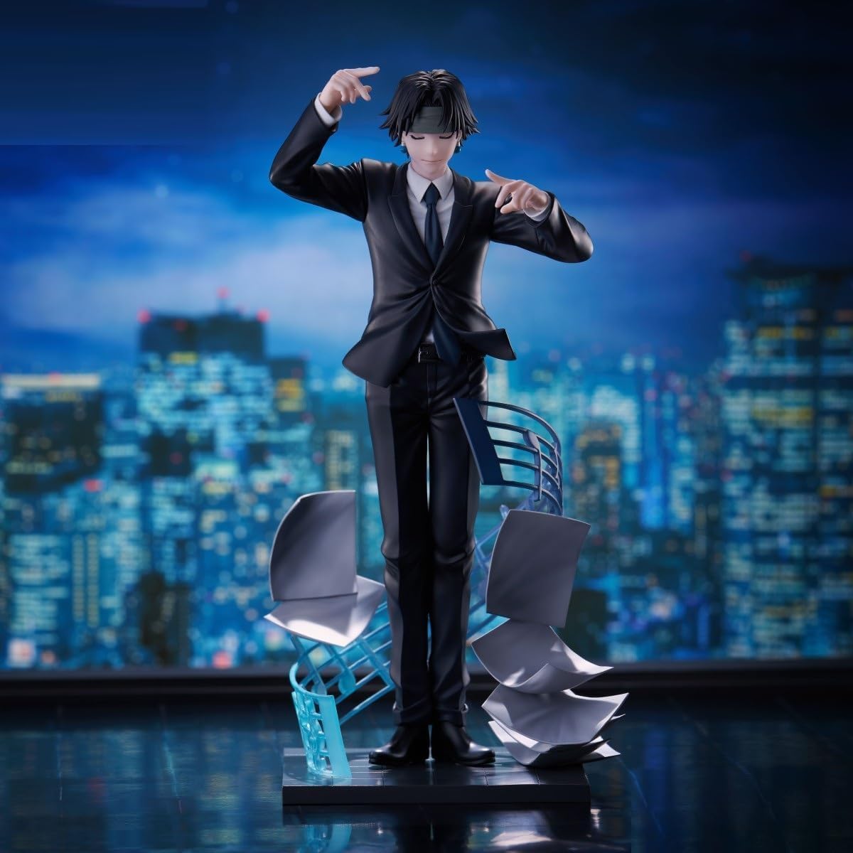 Figure in a suit with a cityscape background