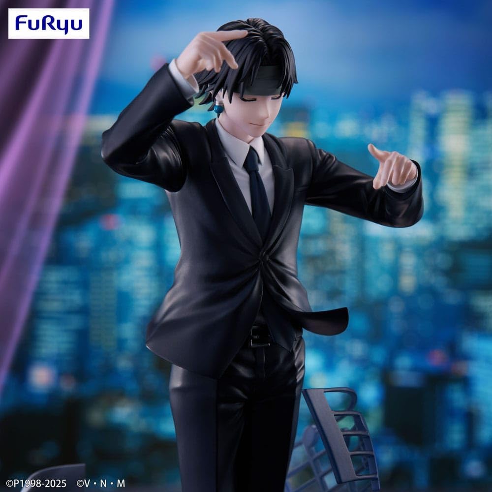 Detailed shot of Chrollo Lucilfer's face featuring his signature green headband and calm expression.