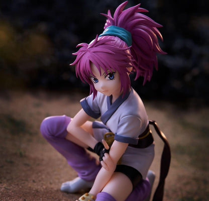 FuRyu Hunter x Hunter Machi Noodle Stopper figure with pink hair in a crouching pose on a dark background.