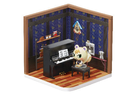 Model of a room with a piano and character playing it, on a white background