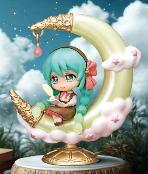 Full lineup of 4 Re-Ment Hatsune Miku Starrium: Sparkling Night Sky Story figures including Sun, Moon, Planet, and Future themes.