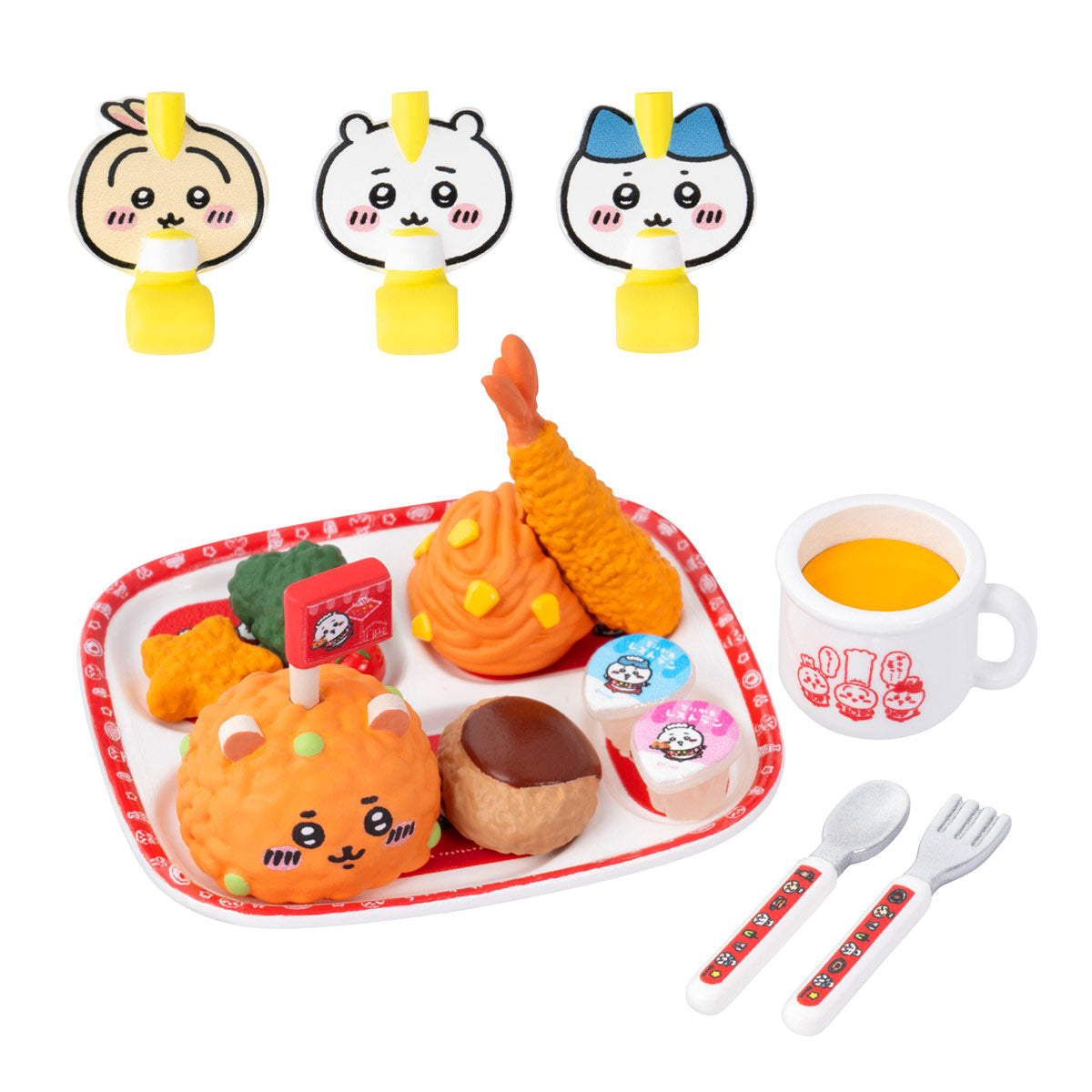 Toy food set with cartoon characters, including a tray of food, cups, and utensils on a white background.