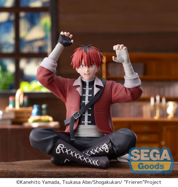 SEGA PM Perching Figure Stark seated cross-legged with arms raised, red hair and jacket, bandaged hands — official Frieren: Beyond Journey's End prize figure collectible