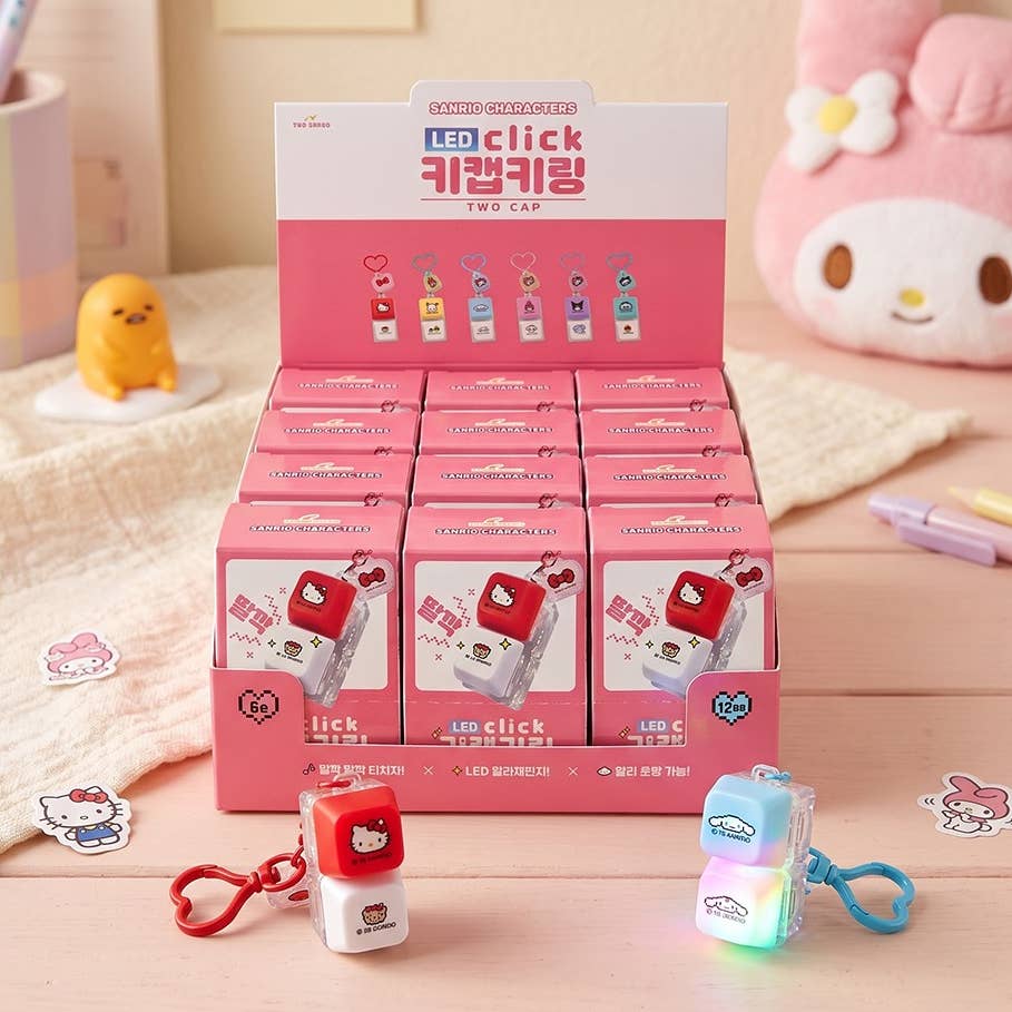 Sanrio Characters LED Light Clicky Keycap Keychain — glowing keyboard keycap with Sanrio character inside, random official Sanrio licensed