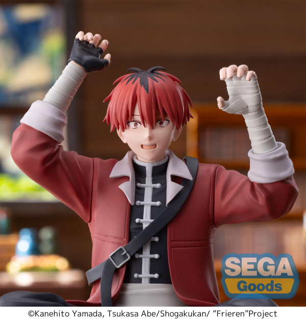 SEGA PM Perching Figure Stark seated cross-legged with arms raised, red hair and jacket, bandaged hands — official Frieren: Beyond Journey's End prize figure collectible