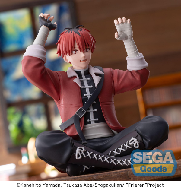 SEGA PM Perching Figure Stark seated cross-legged with arms raised, red hair and jacket, bandaged hands — official Frieren: Beyond Journey's End prize figure collectible