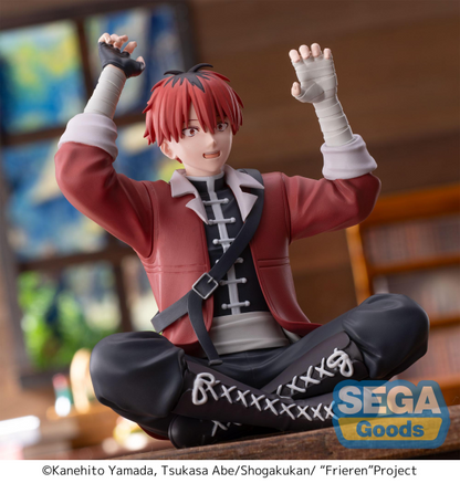 SEGA PM Perching Figure Stark seated cross-legged with arms raised, red hair and jacket, bandaged hands — official Frieren: Beyond Journey's End prize figure collectible