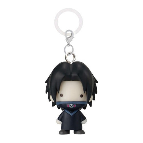 Character keychain with black hair and a dark outfit on a white background