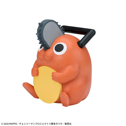 Sega Chainsaw Man Reze Arc Pochita Premium Soft Vinyl Piggy Bank — orange sitting Pochita figure holding yellow disc with chainsaw blade on head, W12×D11×H18cm
