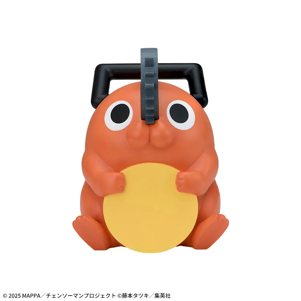 Sega Chainsaw Man Reze Arc Pochita Premium Soft Vinyl Piggy Bank — orange sitting Pochita figure holding yellow disc with chainsaw blade on head, W12×D11×H18cm