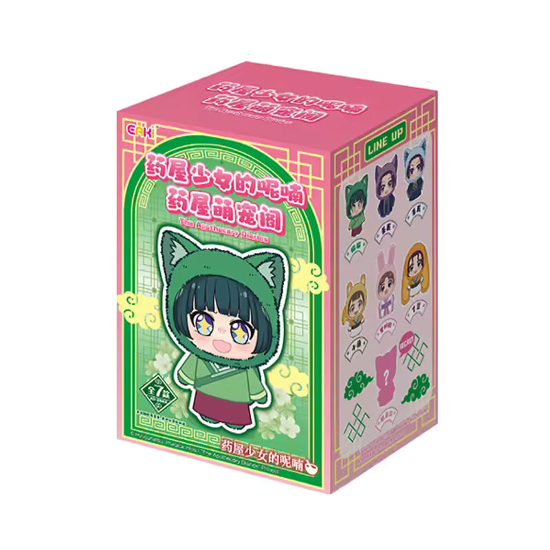 EAKI The Apothecary Diaries plush blind box packaging featuring a chibi Maomao in a green cat hood on a pink and green decorative box.