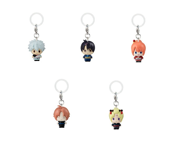 Full lineup of 5 Bandai Gintama Yoshiwara in Flames Mejirushi Accessories including Gintoki, Kagura, and Kamui markers.